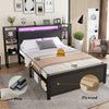Double Size Bed Frame Metal Platform Bed LED Lights Headboard & Storage Shelves