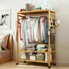 Heavy Duty Wooden Clothes Rail Garment Display Stand Double Shoe Rack with Wheel