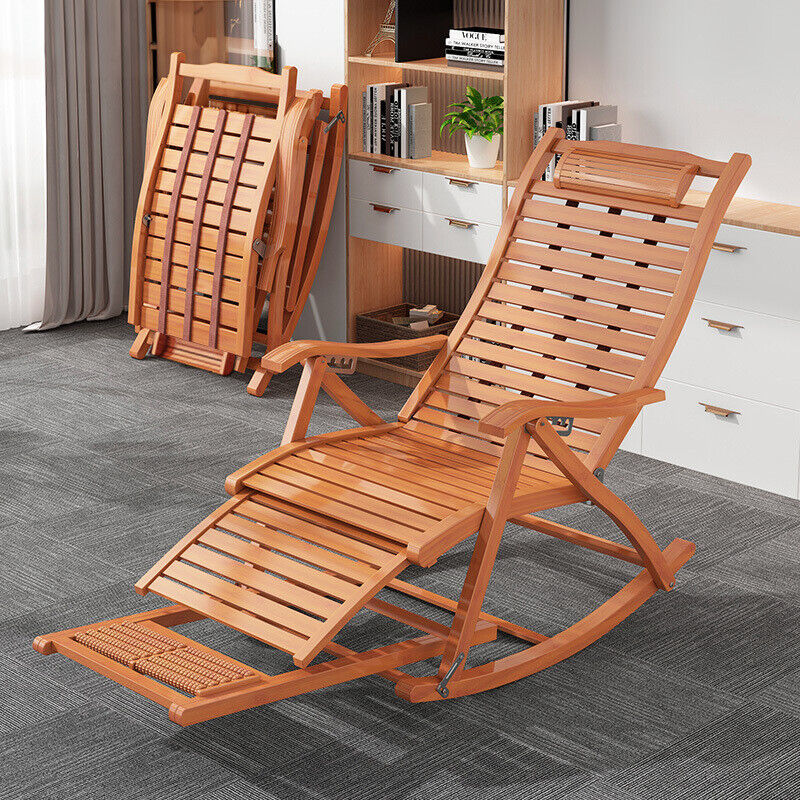 BambooWood Deck Rocking Chair Patio Garden Outdoor Sun Lounger Reclini ...