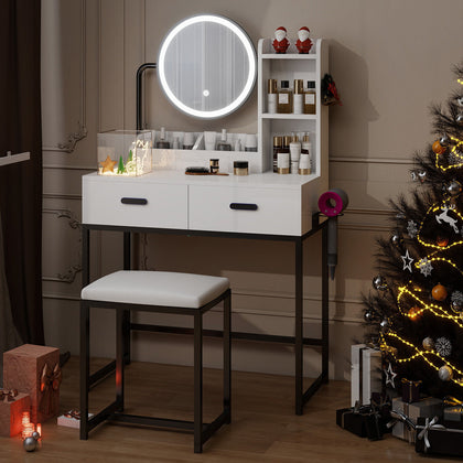 Modern Dressing Table Set with LED Light Mirror Stool Drawers Shelves Bedroom