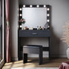 Modern LED Black Dressing Mirrored Makeup Table Vanity Set with Stool & Drawer