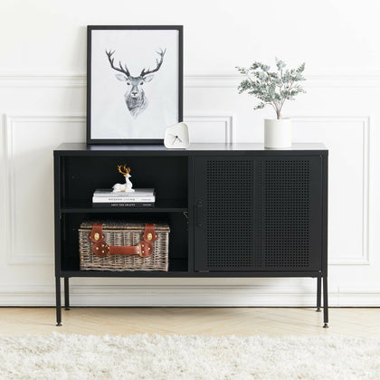Industrial TV Stand Cabinet Storage 4 Shelves Metal Sideboard Living Room w Door