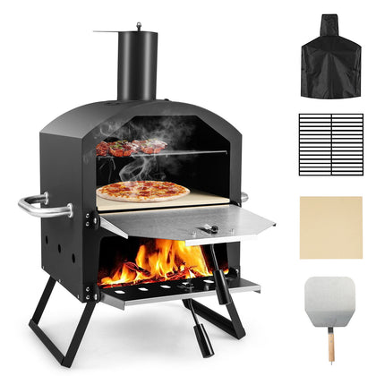 2-Layer Outdoor Pizza Oven Wood Fired Pizza Maker w/Handles Foldable Legs