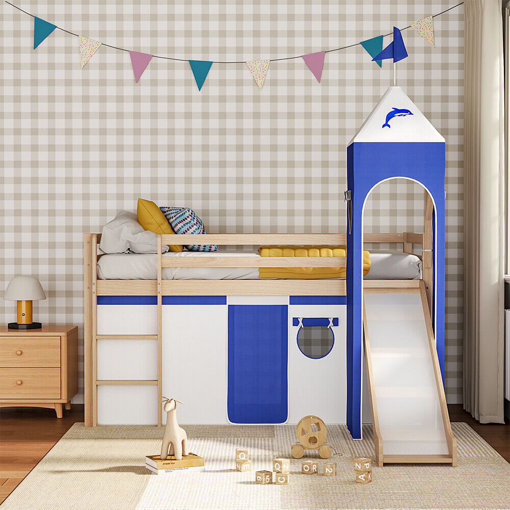 Children Kids Castle Single Bed Cabin Loft Pine Wood With Ladder Slide Tent