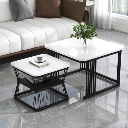 2Pcs Nesting Coffee Tables Set Square Stacking Side Tables Marble-Look White