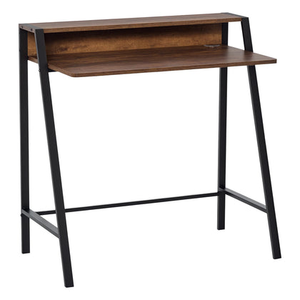 2 Tier Computer Desk Rustic Brown 100cm Metal Frame Table with Storage Shelf