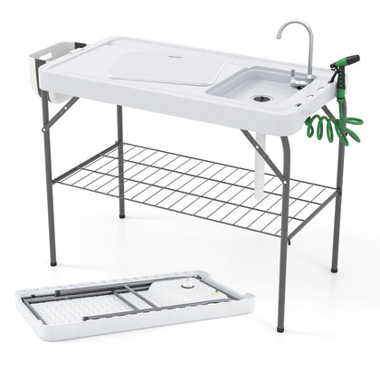 2 in 1 Foldable Fish Cleaning Table Outdoor Workstation w/ Sink Picnic Table