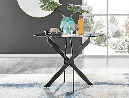 100cm Round Black & Clear Tempered Glass Industrial 4 Seater Dining Table