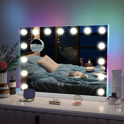 15 Bulb Hollywood Mirror LED Lighted Makeup Mirror w/RGB Light Strip