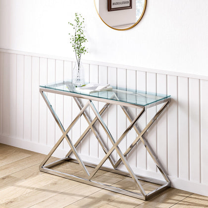 Modern Console Table Side Table with Clear Tempered Glass and Chrome Cross Legs