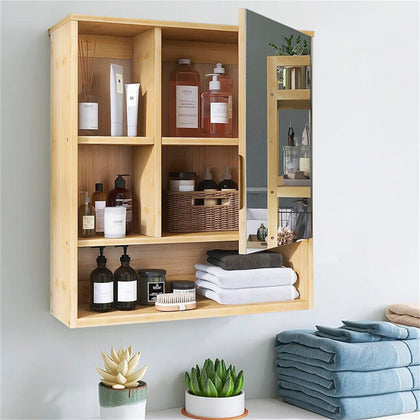 Bamboo Bathroom Cabinet Wall Over Toilet Storage w/ Mirror Door & Shelf