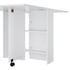 Mobile White Folding Dining Table Drop Leaf Rolling Desk with 2 Storage Shelves
