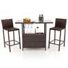3 Piece Patio Wicker Garden Bar Set Rattan Bar Height Table Hidden Storage Shelf