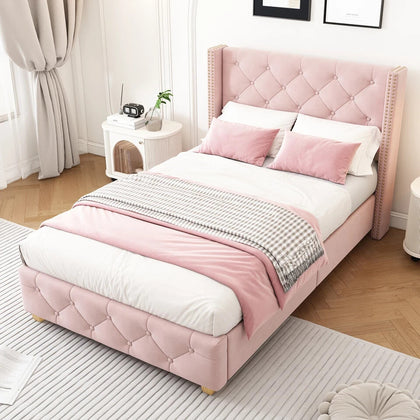 Luxury Upholstered Single Bed with Slatted Frame & Elegant Headboard Button Pink