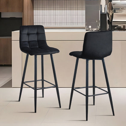 2X Bar Stools Velvet Breakfast Pub Chair Kitchen Modern 65 cm Seat High Black