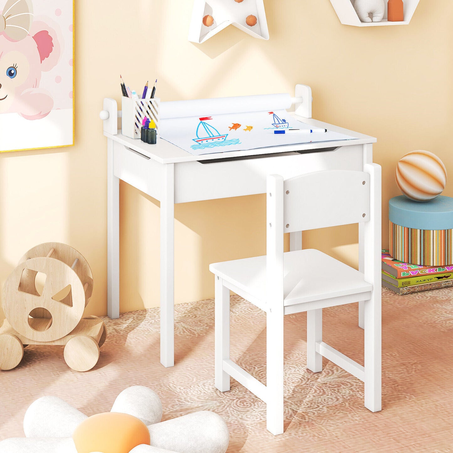 Kids Art Table Set Children Wooden Lift-Top Craft Desk & Chair w/Markers