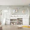 Wooden Mid Sleeper Storage White Bed Kids Cabin Bed with Slide, Drawer & Shelves