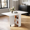 Mobile White Folding Dining Table Drop Leaf Rolling Desk with 2 Storage Shelves