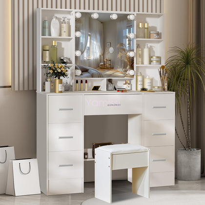 Makeup Dressing Table w/ 7 Drawers & Dimmable LED Lights Mirror Vanity Stool Set