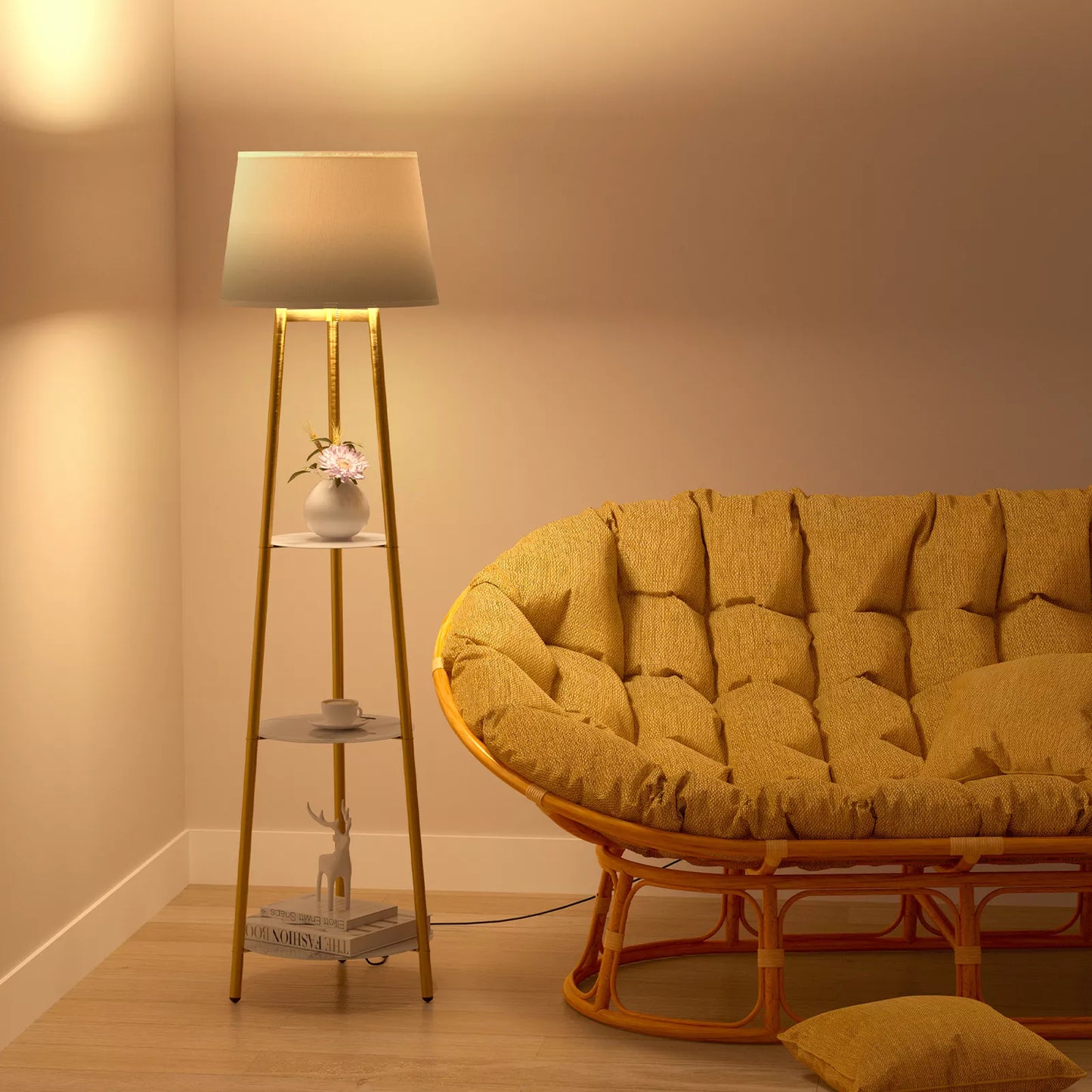 3-Tier Shelf Floor Lamp w/Shade Standing Light Open Shelves Storage Living Room