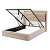 OTTOMAN STORAGE GAS LIFT BED FRAME UPHOLSTERED BED WITH LED 5FT KING BED BEIGE