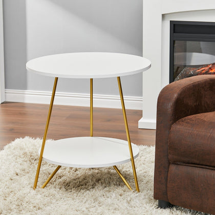 2-Tier Round Coffee Table Sofa Couch End Side Table Bottom Shelf Art Metal Base