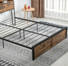 Industrial King Size Metal Bed Frame Wooden Panels Integrated Storage Headboard