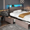 Single Bed Frame with LED Lights, 4 Drawers, Charging Station Metal Platform Bed