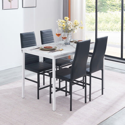 4pcs Black Faux Leather Dining Chairs & White Marble MDF Top Dining Table Set