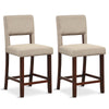 2 Pcs Linen Counter Height Bar Stool Chair Set w/ Hollowed Back Rubber Wood Legs