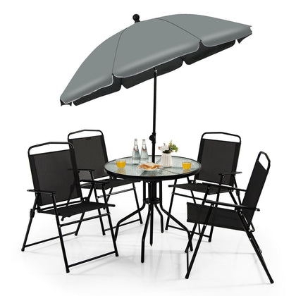 6PCS Garden Furniture Set Patio Coffee Table Folding Chairs Set W/Grey Parasol