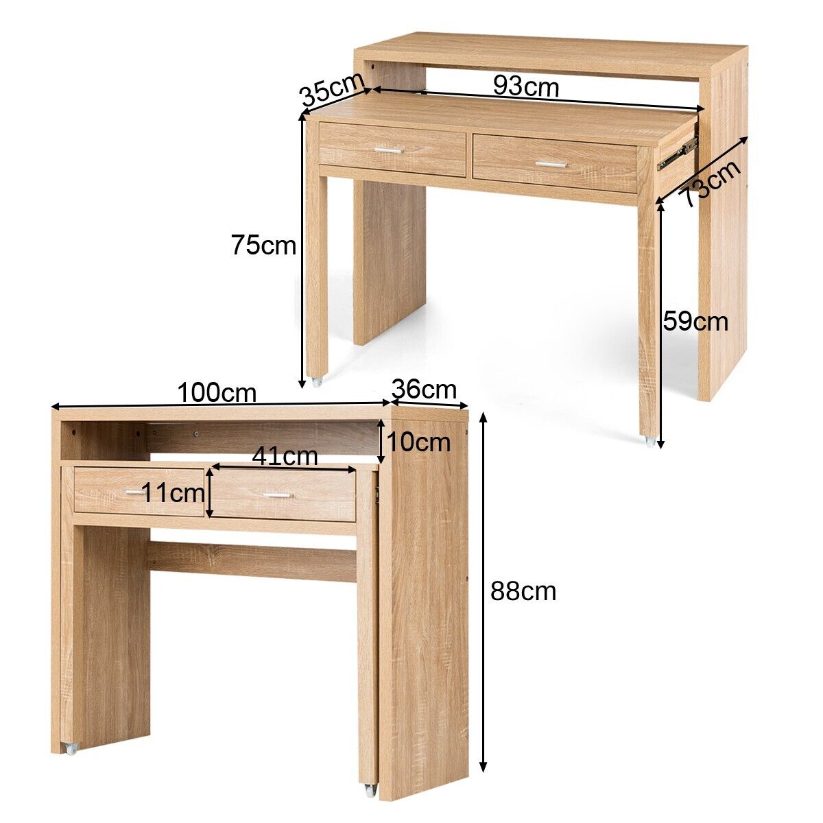 Costway Extending Writing Desk Console Table Wood Study Workstation w/2 Drawers