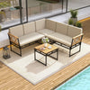 Acacia Wood Metal Sectional Sofa Set 4 Piece Patio L-Shaped Sofa Set-Beige