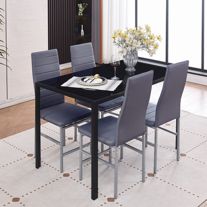 4x Grey Faux Leather Dining Chairs&Black Tempered Glass Dining Table Dining Set