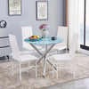 4pcs White Faux Leather Dining Chairs & Round Glass Dining Table Silver Legs Set