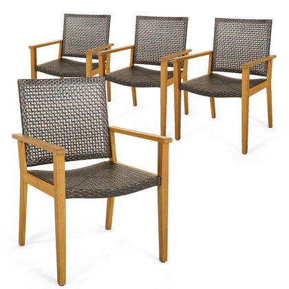 4Pcs Outdoor Dining Chair Patio Garden Chairs Acacia Wood PE Wicker Armchairs