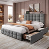 4ft6 Double Bed Upholstered Bed with 4 Storage Drawers, Tufted Headboard Grey