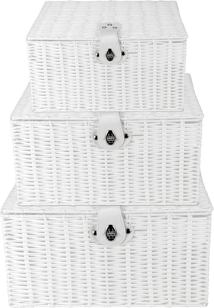 LYNEN Set of 3 Resin Wicker Woven Storage Baskets Hamper Box With Lid & Lock