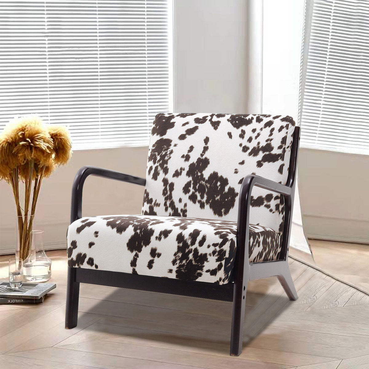 Cow Print Accent Chair Modern Armchair with Walnut Solid Wooden Frame ...