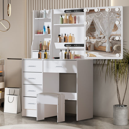 10LED Dressing Table With 6 Drawer Makeup Table With Mirror Stool Desk Bedroom