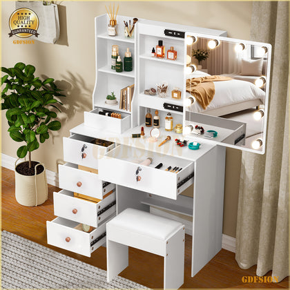 Modern Dressing Table With LED Mirror & Cushioned Stool Vanity Table Makeup Desk