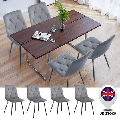 4PCS Dining Chairs Set Velvet Faux Suede Leather Padded Seat Metal Leg Grey UK