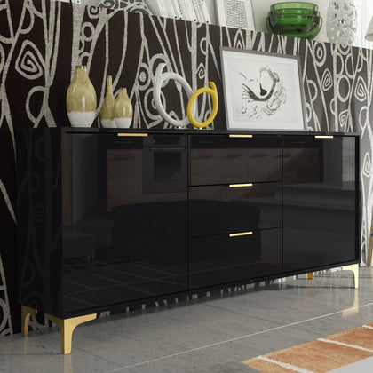 Luxury Black High Gloss 140cm TV Unit I Stand Sideboard I Gold Finish Accents