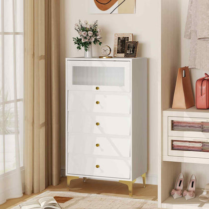 4 Drawer Dresser w/ Flip Up Fluted Glass Door & Pull-out Drawers