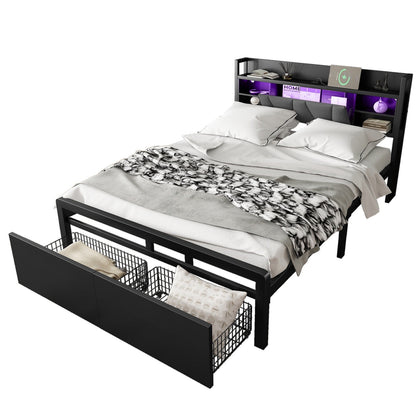 4FT6 DOUBLE METAL BED FRAME WITH LED, CHARGING PORT, HEADBOARD & DRAWER STORAGE
