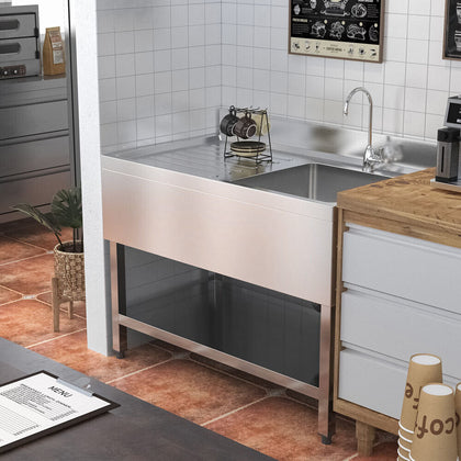 44 in Stainless Steel Sink Commercial Kitchen Prep Storage Shelf Wash Hand Basin