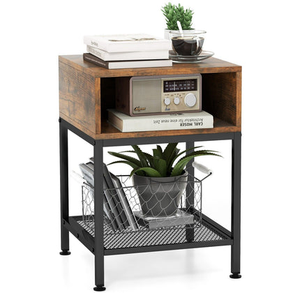 2-Tier End Table Nightstand Industrial Coffee Sofa Beside Table W/ Mesh Shelf