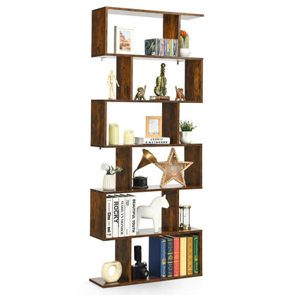 6-tier Bookcase Industrial S-Shaped Bookshelf Wooden Storage Display Rack