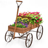 Wagon Garden Planter Cart Wooden Decorative Flower Pot Stand W/ 4 Large Wheels