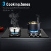 OYAJIA 58cm Black 3 Burner Gas On Glass Hob With Cast Iron Pan Stands UK
